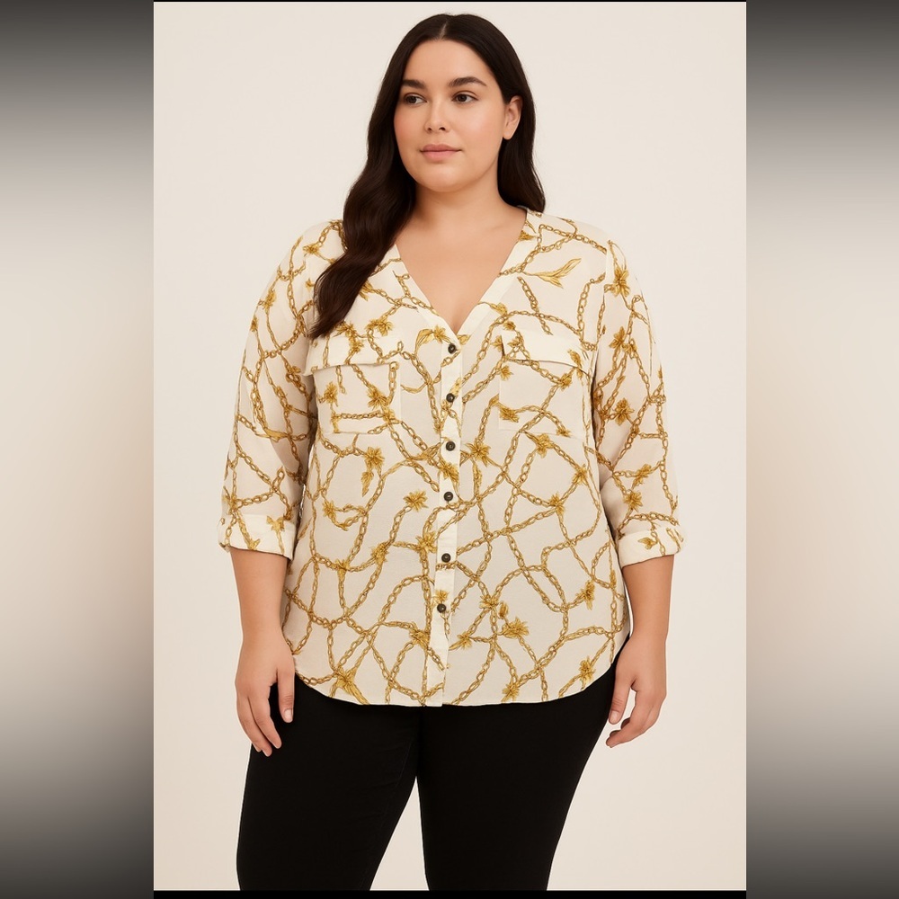 Flower & Feather Chain Print Blouse 2XL Button Front Long Sleeve Top